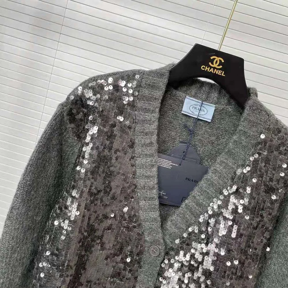 Prada Sequin Embellished Wool Cardigan for Women in Silver Prada Sequin Embellished Wool Cardigan for Women in Silver