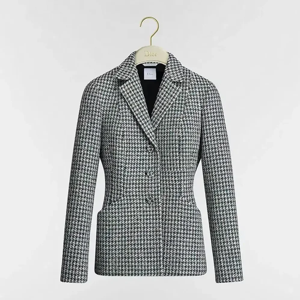 Dior Bar Jacket Black and White Houndstooth Virgin Wool Blend with Multicolor Sequins for Women
