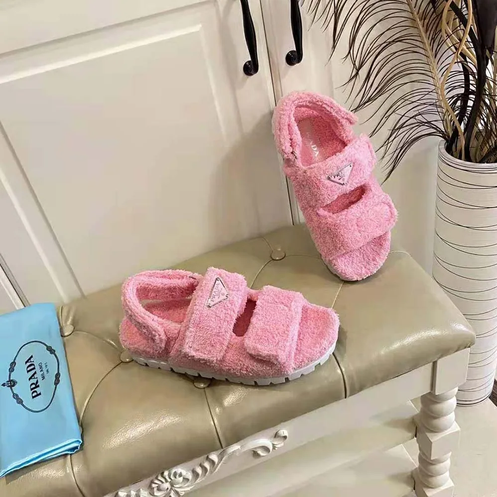 Prada Terrycloth Sandals with Enameled Metal Triangle Logo for Women in Pink