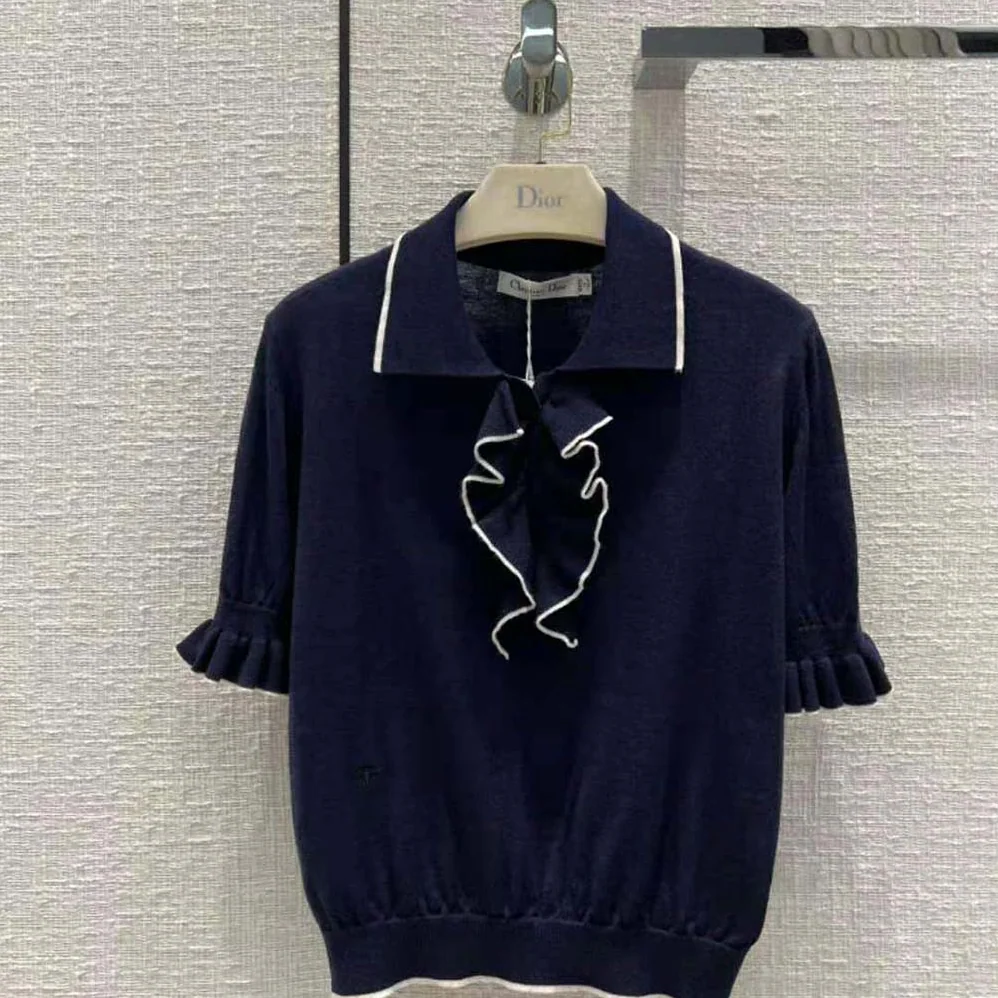 Dior Short-Sleeved Sweater Navy Blue Cashmere and Silk Knit for Women Dior Short-Sleeved Sweater Navy Blue Cashmere and Silk Knit for Women