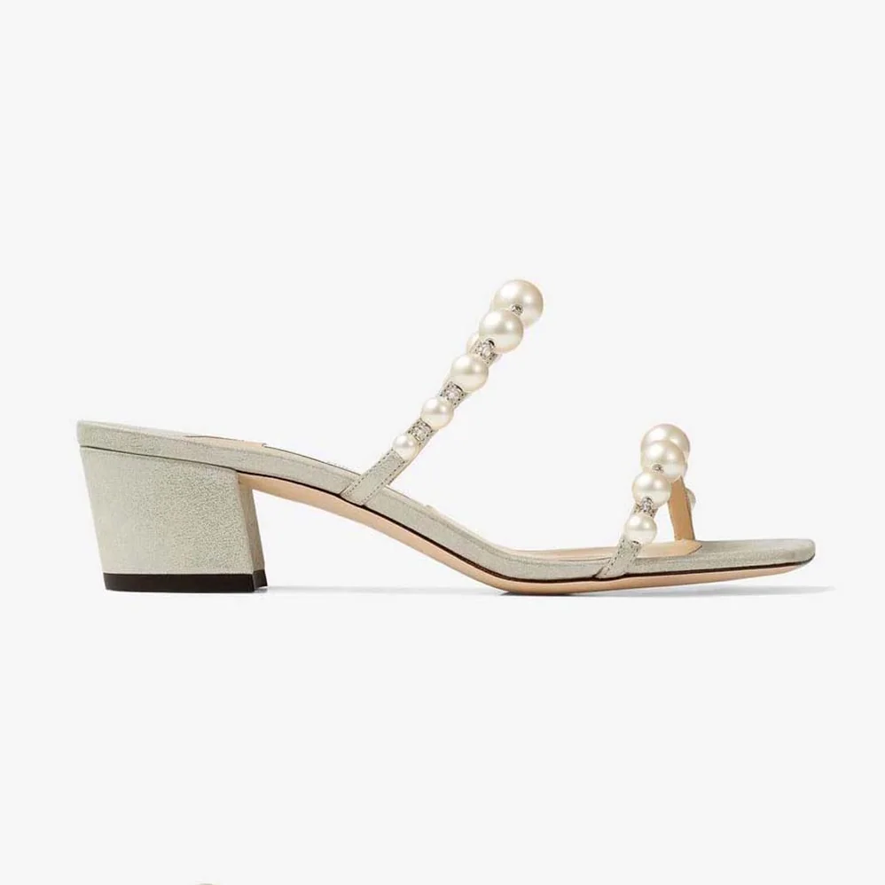 Jimmy Choo Amara 45 Champagne Shimmer Suede Mules with Pearl Embellishment for Women Jimmy Choo Amara 45 Champagne Shimmer Suede Mules with Pearl Embellishment for Women