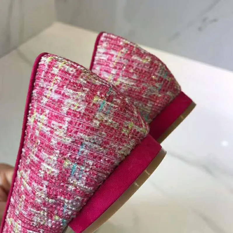 Manolo Blahnik Shoes Caza Pink Tweed Crystal Buckle Flats 10mm Heel for Women Manolo Blahnik Shoes Caza Pink Tweed Crystal Buckle Flats 10mm Heel for Women