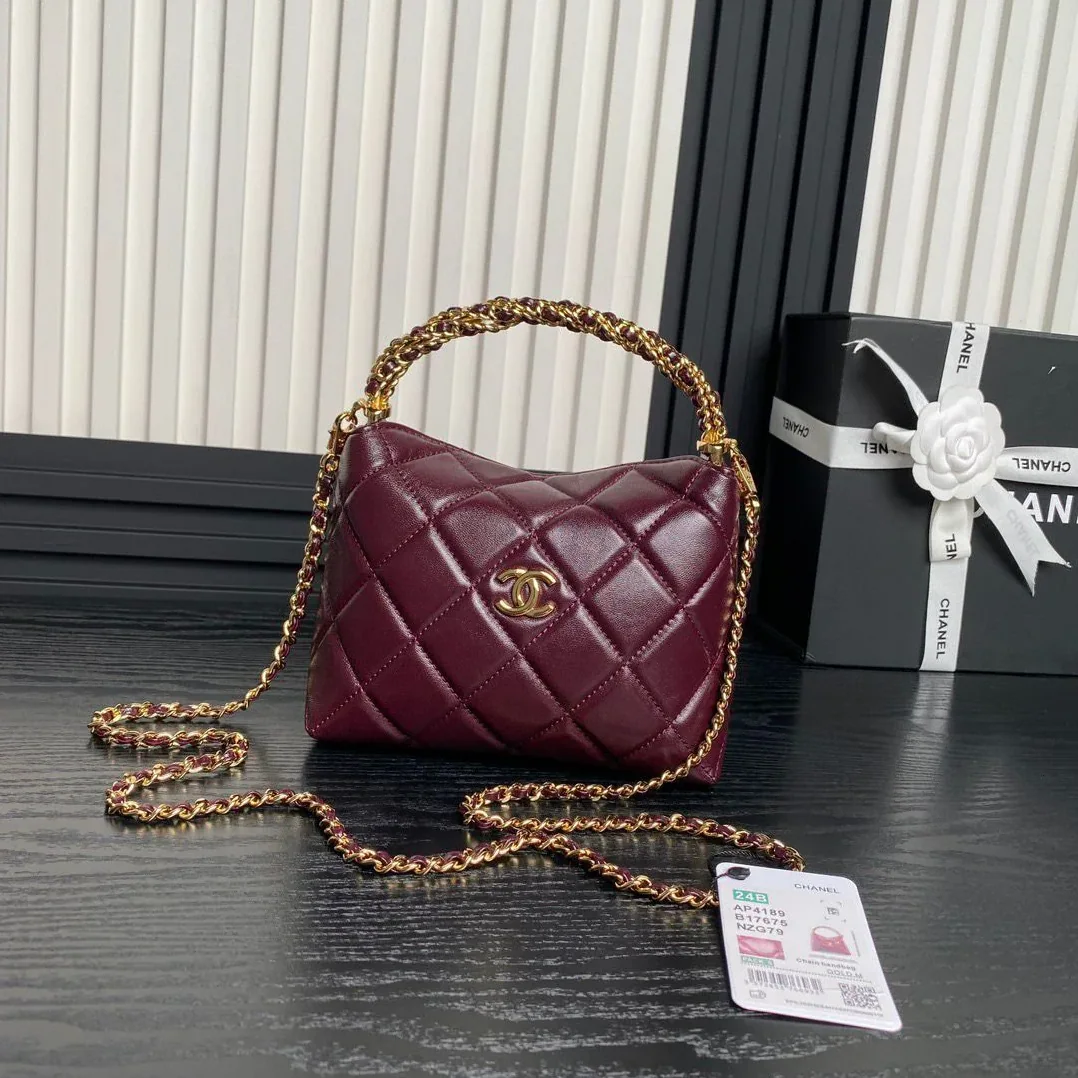 Chanel Clutch With Chain Top Handle Bag in Burgundy Gold Hardware