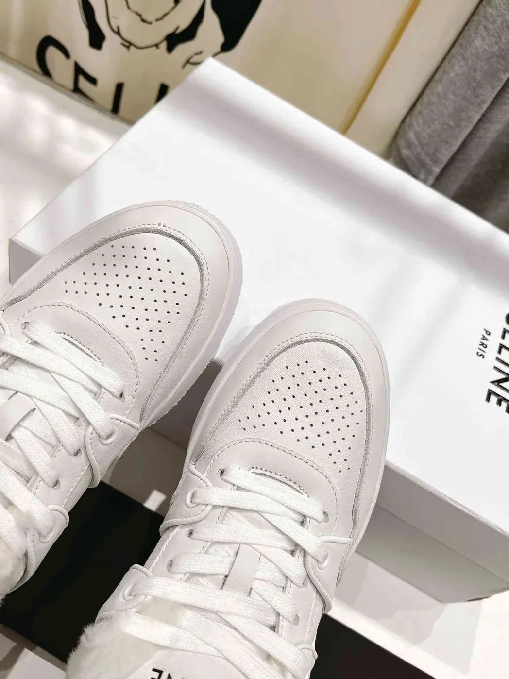 Celine Trainer Low Lace-Up Sneaker With Fur White Celine Trainer Low Lace-Up Sneaker With Fur White