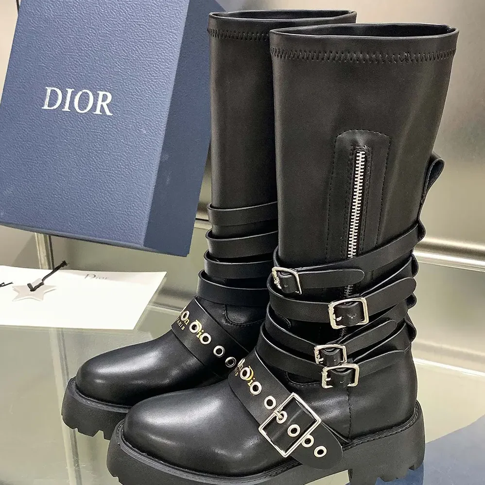 Dior D-Fight Ankle Boot Black Calfskin and Leather for Women in Effect Stretch Material Dior D-Fight Ankle Boot Black Calfskin and Leather for Women in Effect Stretch Material