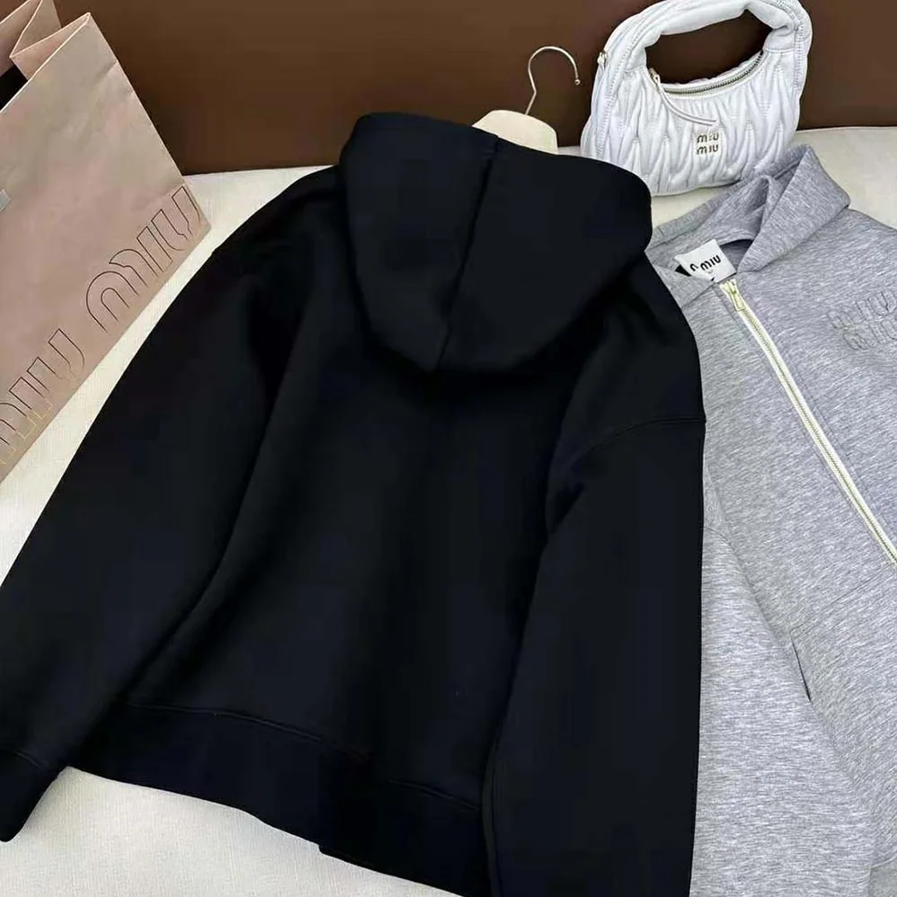 Miu Miu Cotton Hoodie with Embroidered Logo for Women in Black