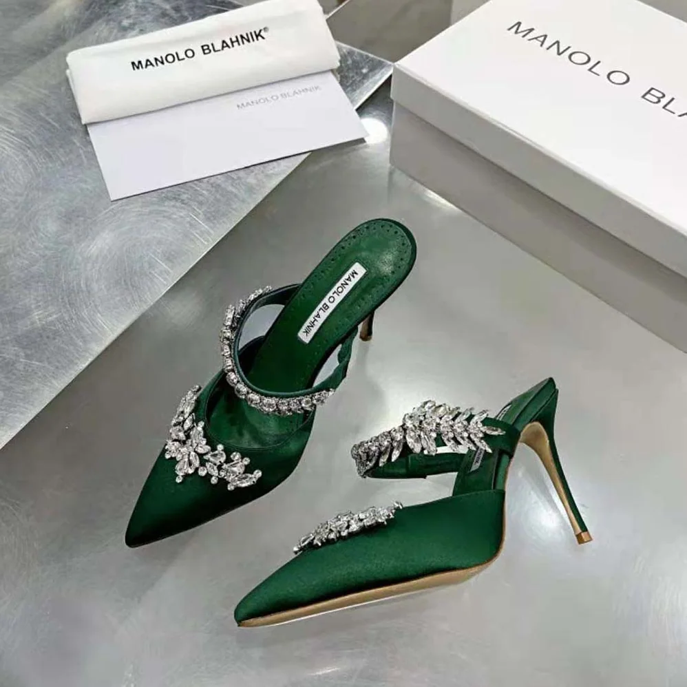 Manolo Blahnik Green Satin Crystal Embellished Mules for Women Manolo Blahnik Green Satin Crystal Embellished Mules for Women