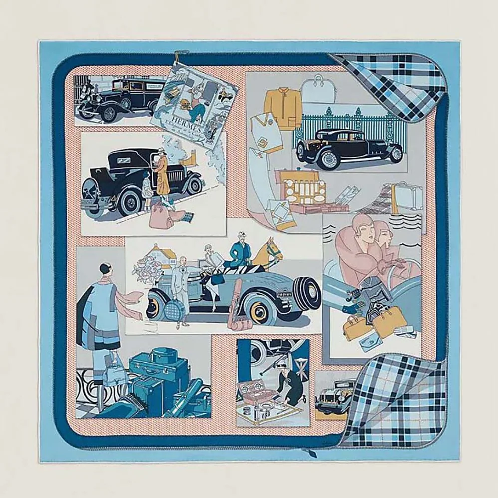 Hermes Confort en Automobile Scarf 70 in Silk Twill with Hand-Rolled Edges for Women in Blue