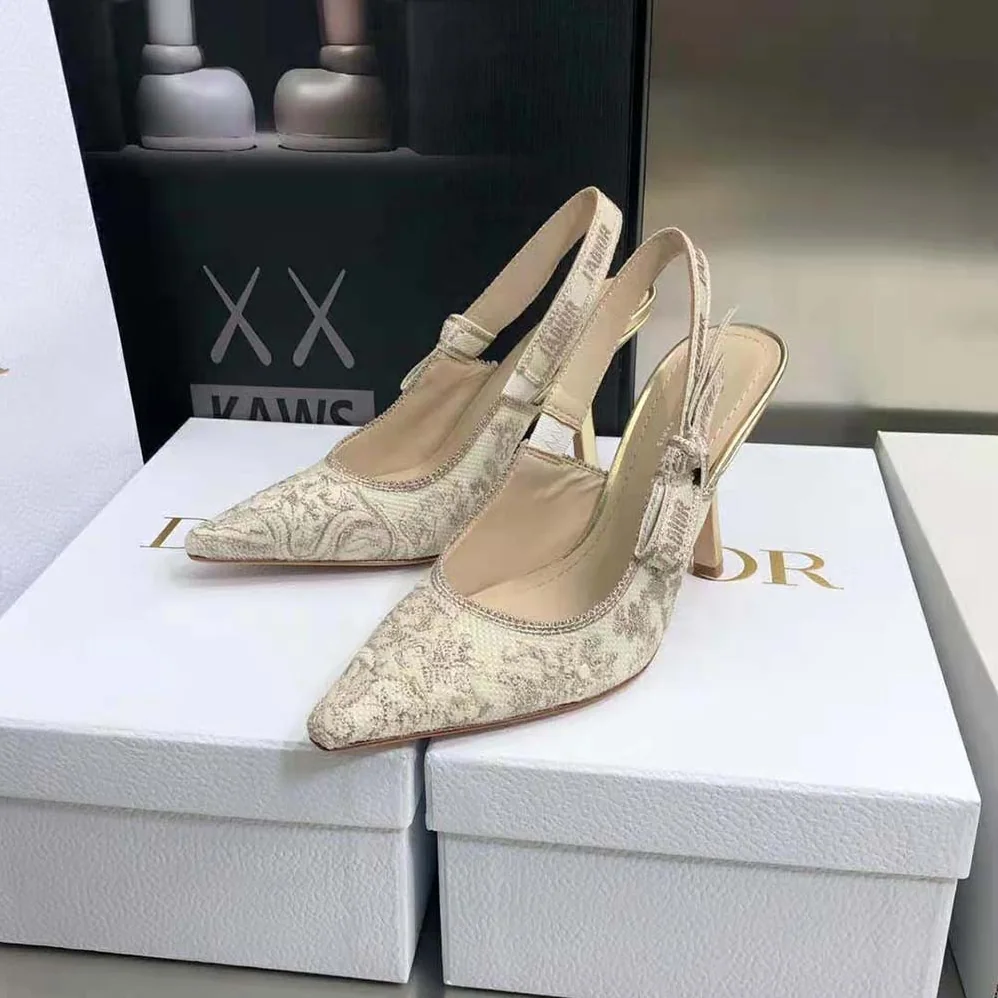 Dior J adior Slingback Pump White and Gold-Tone Toile de Jouy Embroidered Cotton for Women