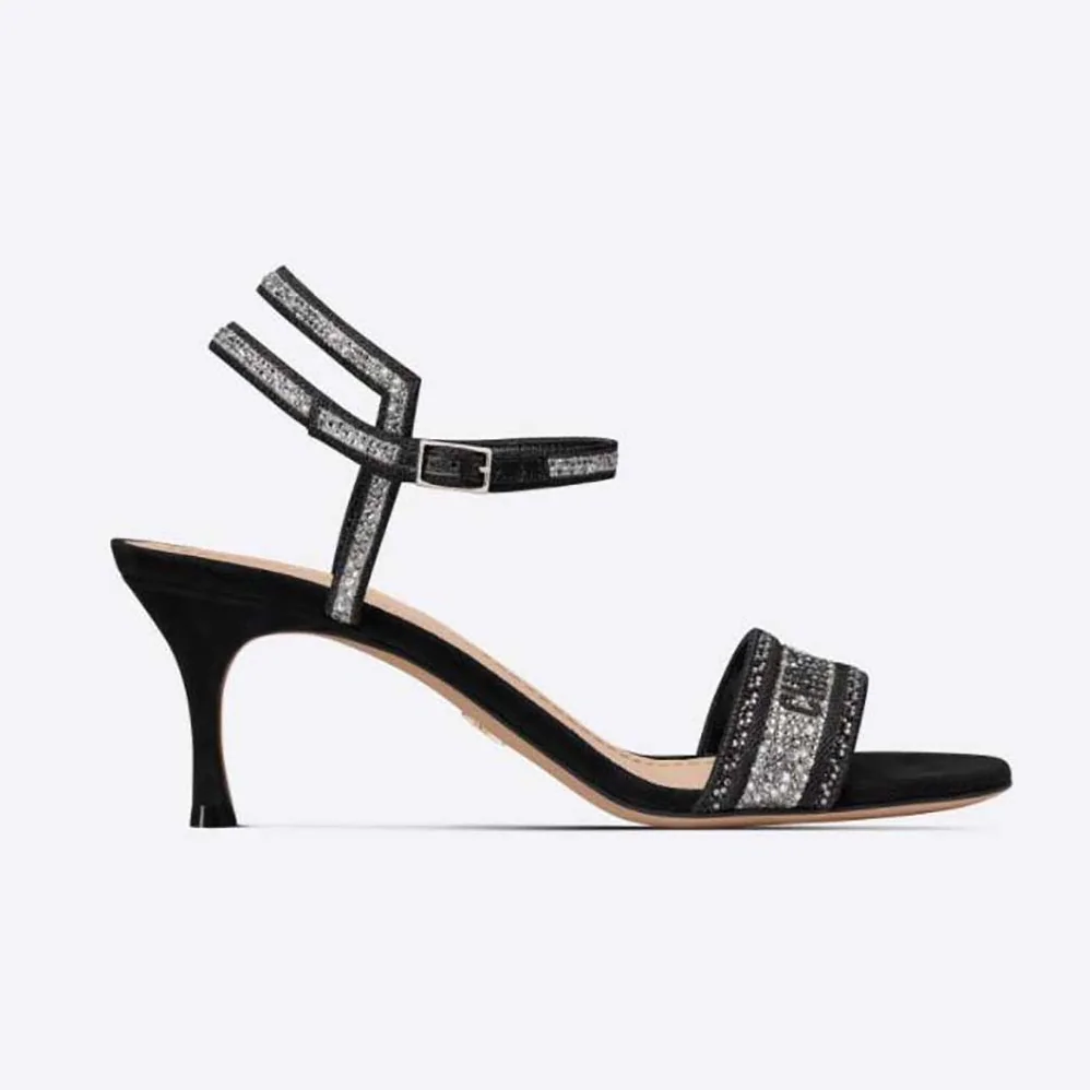 Dior Dway Heeled Sandal Black Cotton Embroidered with Thread and Silver for Women in Tone Strass
