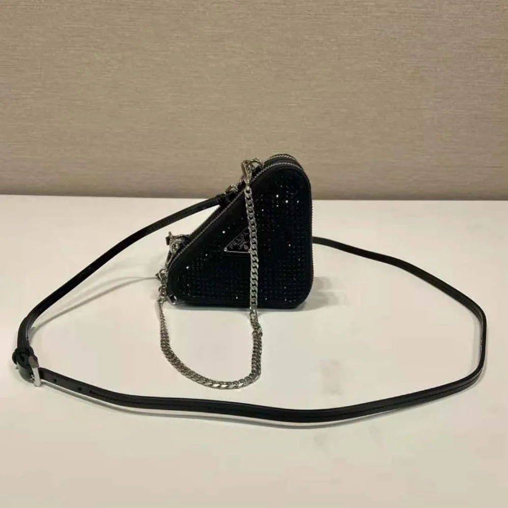 Prada Triangular Embellished Satin and Leather Mini-pouch for Women in Black Prada Triangular Embellished Satin and Leather Mini-pouch for Women in Black