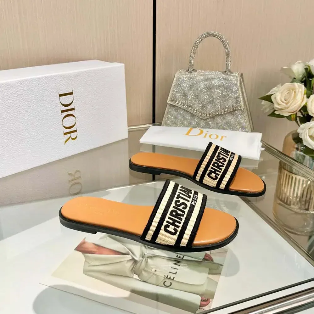 Dior Dway Slide Natural Raffia and Black Embroidered Cotton for Women