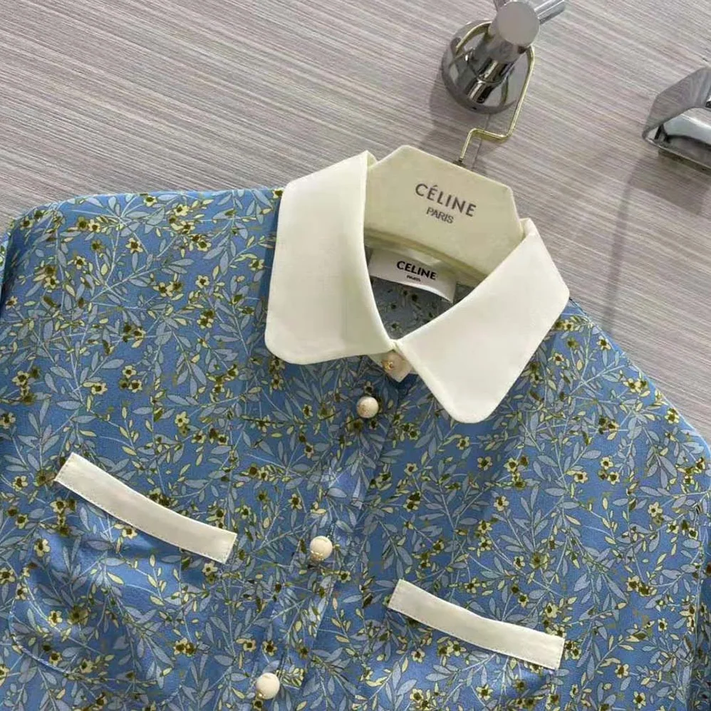 Celine Preppy Dress in Crepe DE Chine for Women in Blue