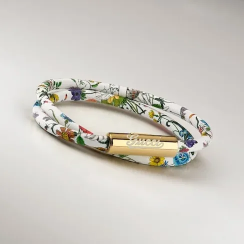 Gucci Leather Double Bracelet With Gucci Script White Tubular