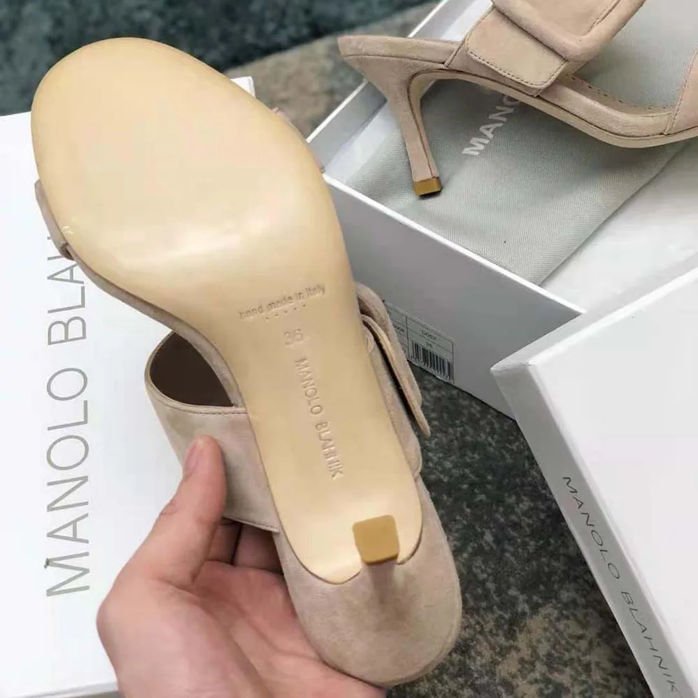 Manolo Blahnik Light Beige Suede Open Toe Mules for Women