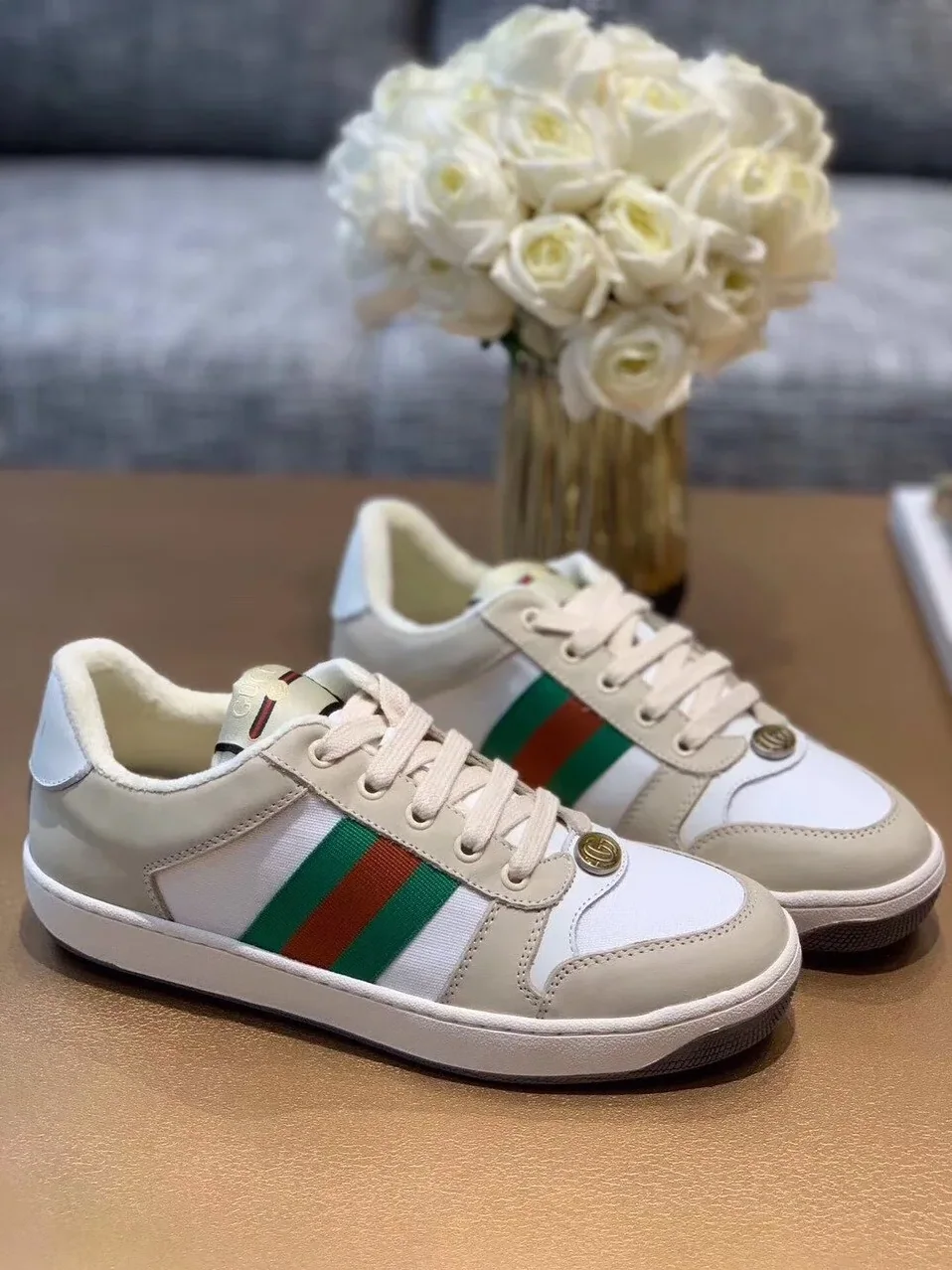 Gucci Screener Sneaker With Web Beige for Women in White Gucci Screener Sneaker With Web Beige for Women in White