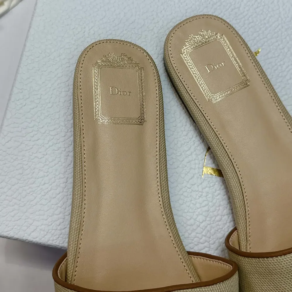 Dior Dioriviera Dior Médaillon Slide Natural Embroidered Cotton and Cognac Brown Calfskin for Women Dior Dioriviera Dior Médaillon Slide Natural Embroidered Cotton and Cognac Brown Calfskin for Women