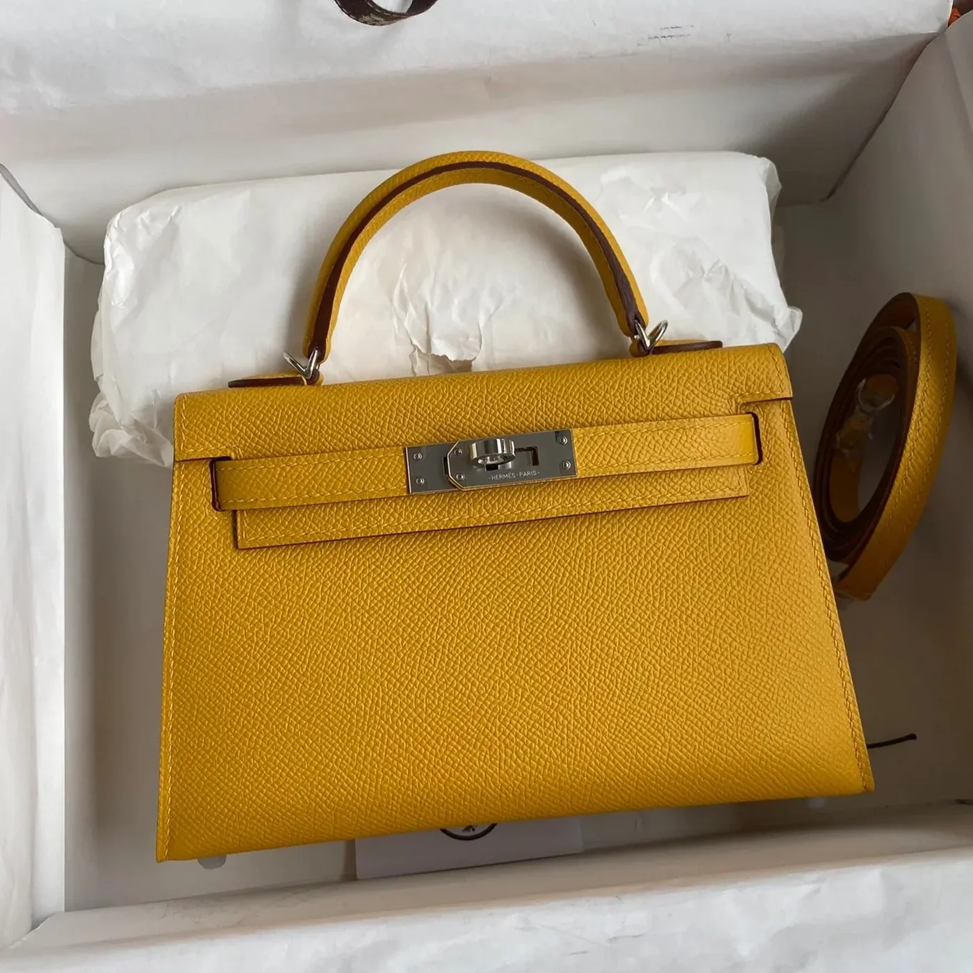 Hermes Kelly Mini Top Handle Bag in Yellow Epsom Palladium Hardware