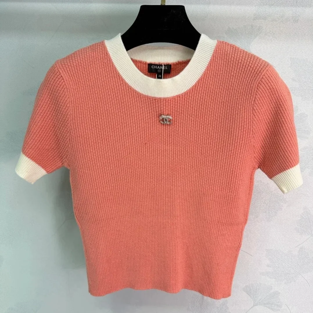 Chanel Ribbed Short Sleeve T in Shirt Coral