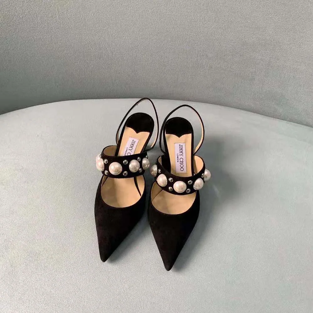 Jimmy Choo Breslin 100 Black Suede Slingbacks with Pearl and Stud Embellishment for Women