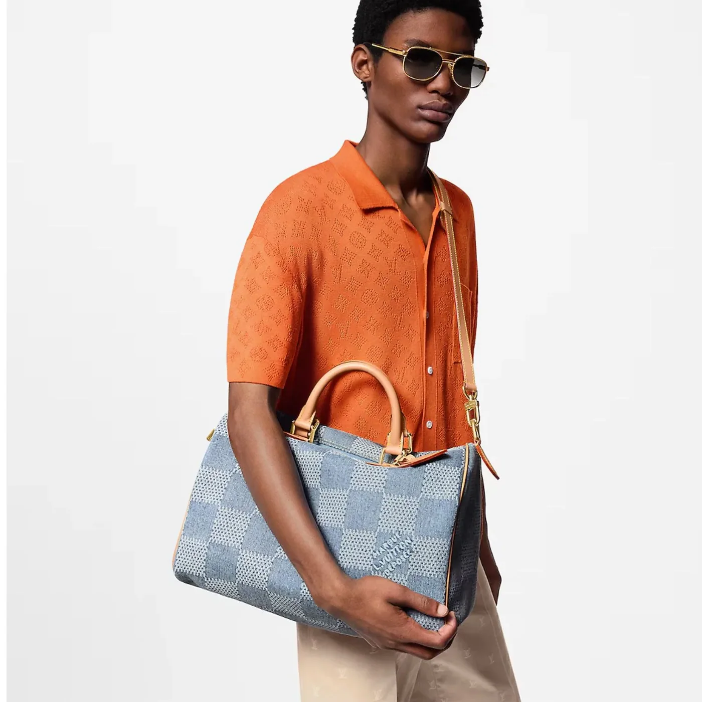 Louis Vuitton Speedy 40 Bandouliere Top Handle Bag in Blue Denim Gold Hardware