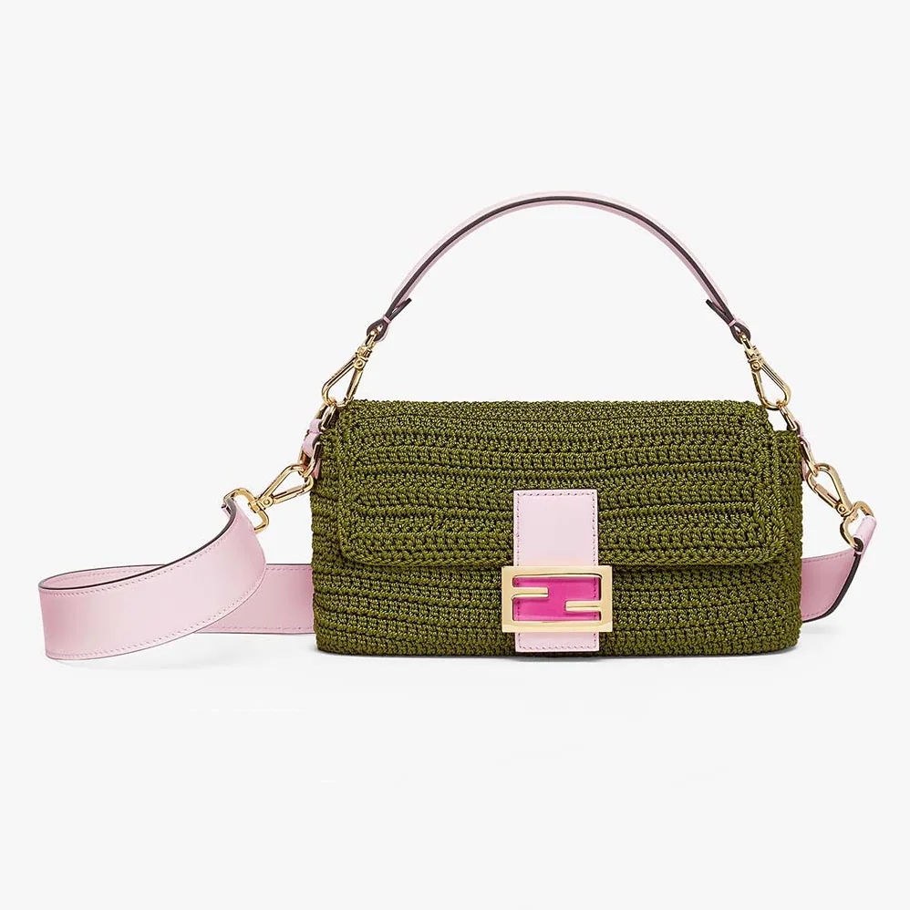 Fendi Baguette Bag in Traditional Cotton Crochet Bag for Women in Green Fendi Baguette Bag in Traditional Cotton Crochet Bag for Women in Green