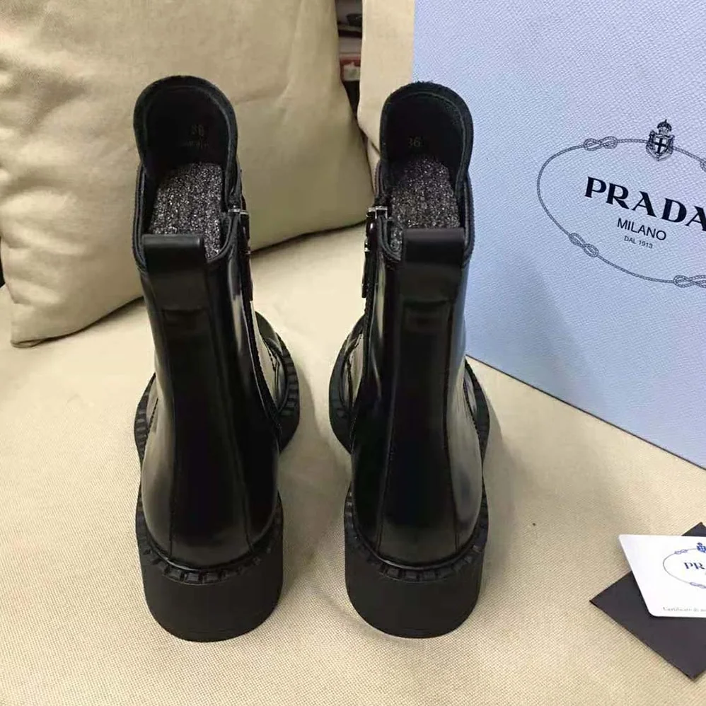 Prada Brushed Leather Laced Booties for Women in Black Prada Brushed Leather Laced Booties for Women in Black