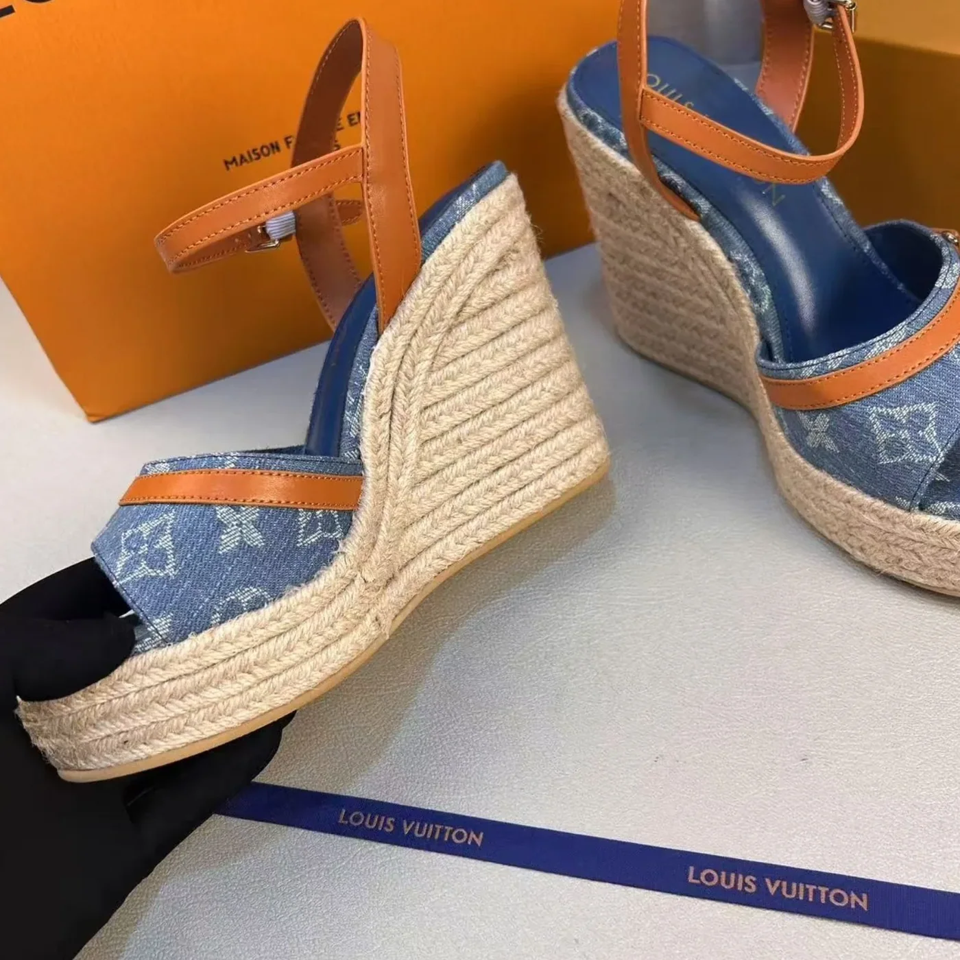 Louis Vuitton Helios Wedge Sandals Blue 1ACIZV Louis Vuitton Helios Wedge Sandals Blue 1ACIZV