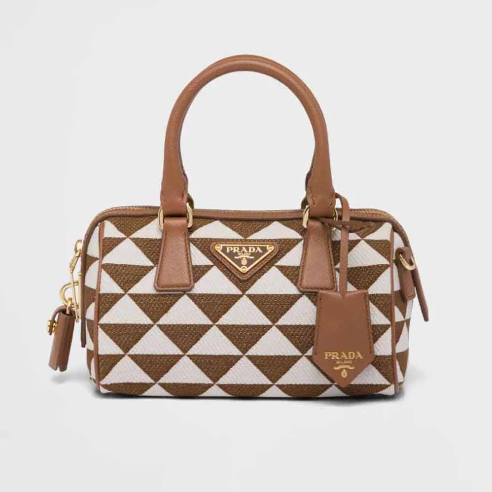 Prada Symbole Embroidered Jacquard Fabric Top-Handle Bag for Women in Brown