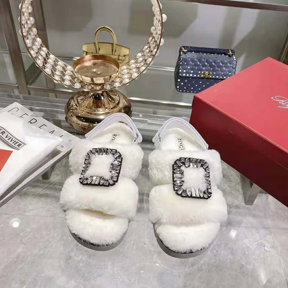 Roger Vivier Viv' Winter Fur Strass Buckle Sandals in Sheepskin for Women in White