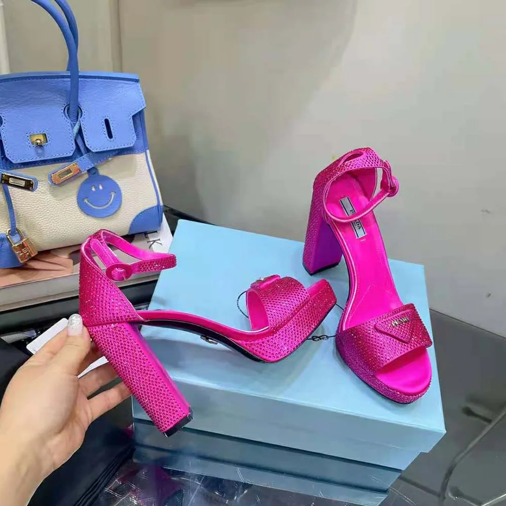 Prada Satin Platform Sandals with Crystals for Women in Pink