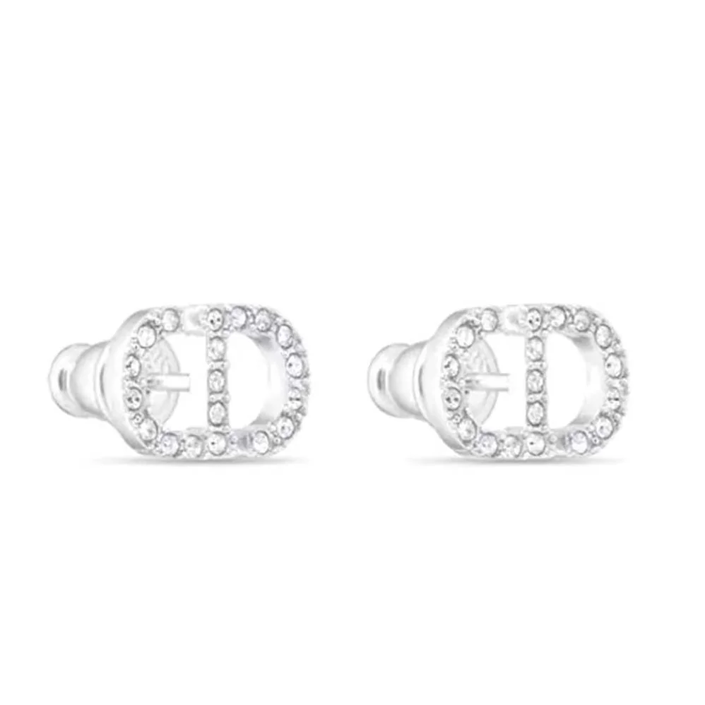 Dior Petit CD Mini Stud Earrings Silver-Finish Metal with White Crystals for Women Dior Petit CD Mini Stud Earrings Silver-Finish Metal with White Crystals for Women