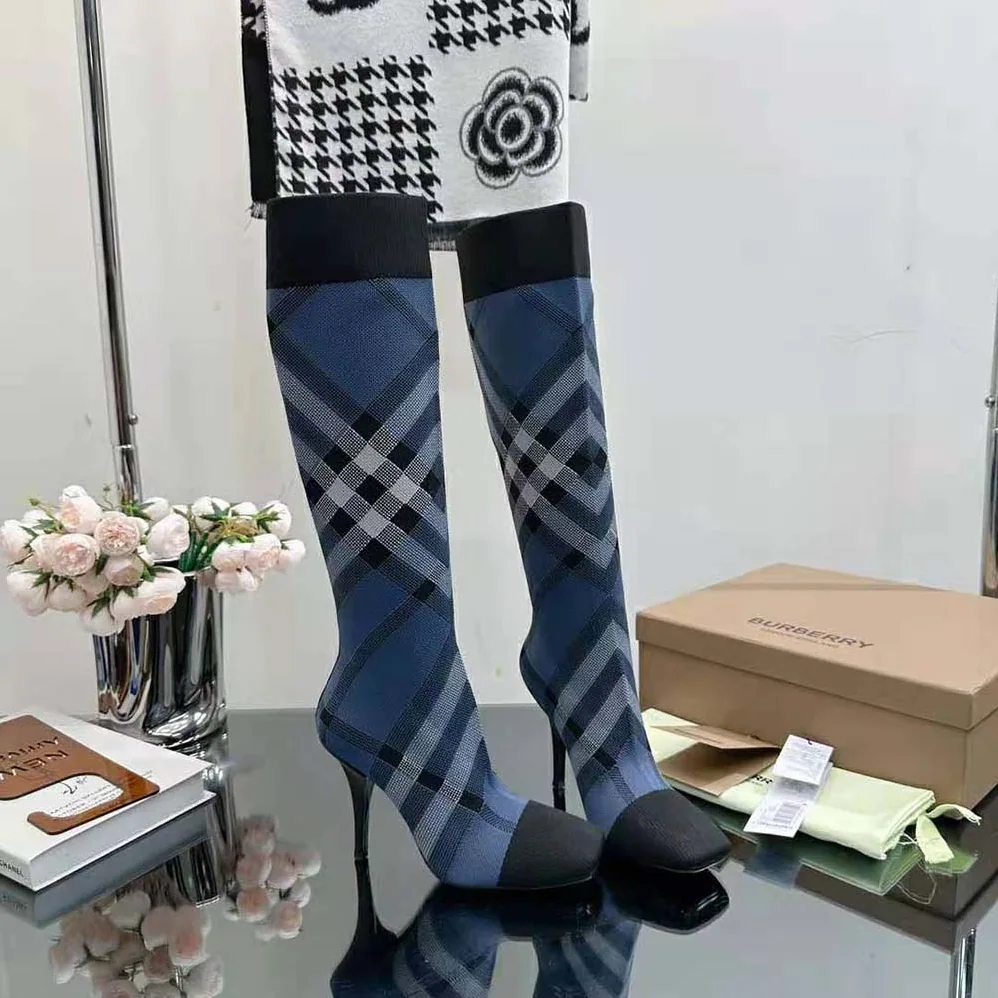 Burberry Knitted Check Sock Boots for Women in Blue Burberry Knitted Check Sock Boots for Women in Blue