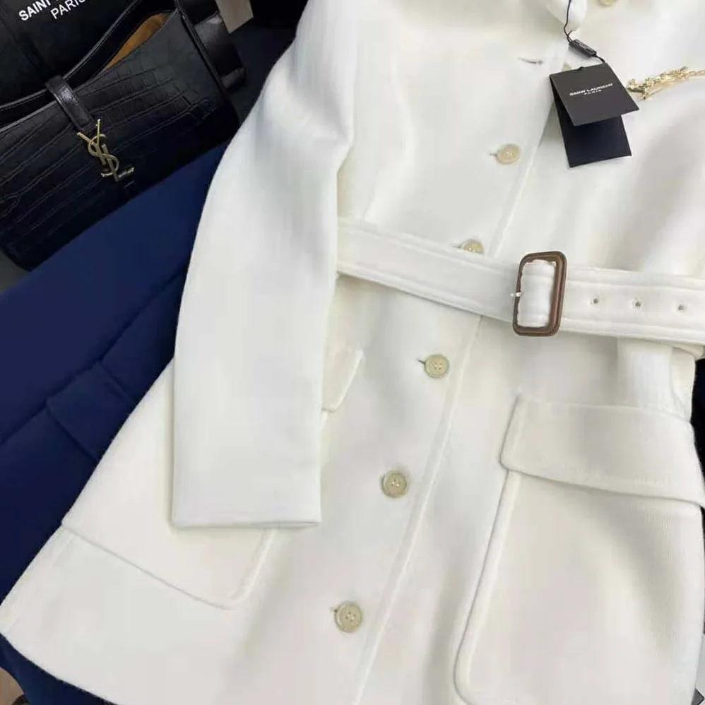 Saint Laurent YSL Long Belted Jacket in Wool Jersey for Women in White