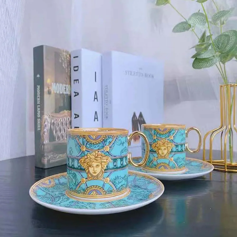 Versace Scala Del Palazzo Coffee Set Includes a Coffee Cup with Handle and a Matching Saucer in Blue