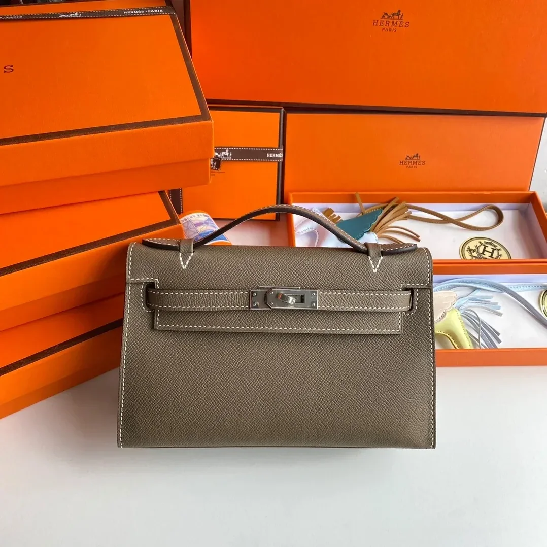 Hermes Kelly Pochette Top Handle Bag in Etoupe Epsom Palladium Hardware Hermes Kelly Pochette Top Handle Bag in Etoupe Epsom Palladium Hardware
