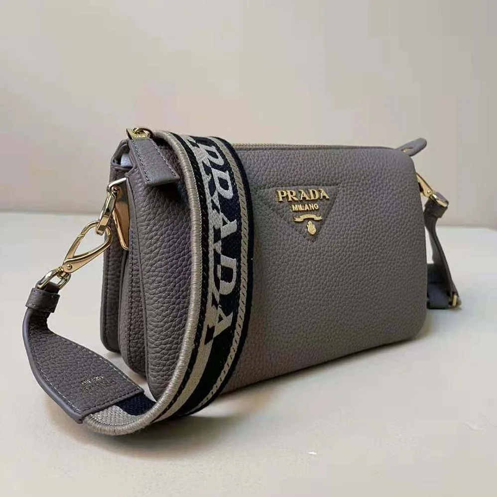 Prada Leather Shoulder Bag with Metal Lettering Logo for Women in Gray Prada Leather Shoulder Bag with Metal Lettering Logo for Women in Gray