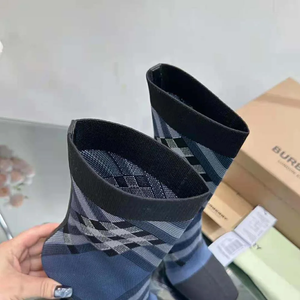 Burberry Knitted Check Sock Boots for Women in Navy Burberry Knitted Check Sock Boots for Women in Navy