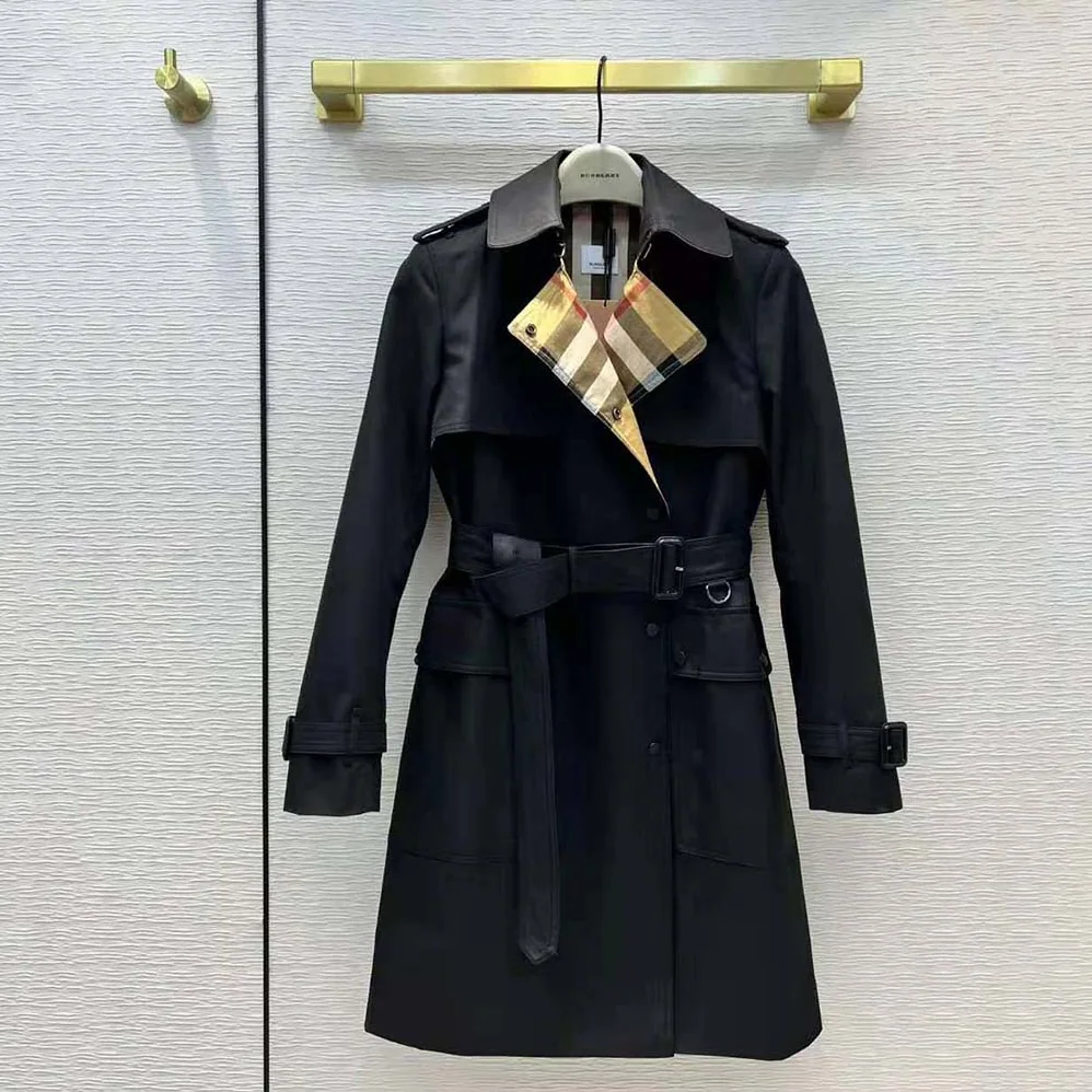 Burberry Check Panel Cotton Gabardine Trench Coat for Women in Black Burberry Check Panel Cotton Gabardine Trench Coat for Women in Black