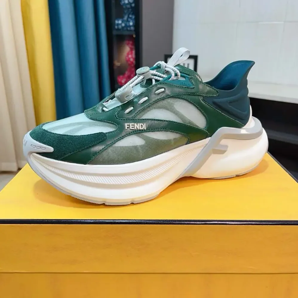 Fendi F-Light Sneakers Green Mesh and Leather Running Shoes for Unisex Fendi F-Light Sneakers Green Mesh and Leather Running Shoes for Unisex