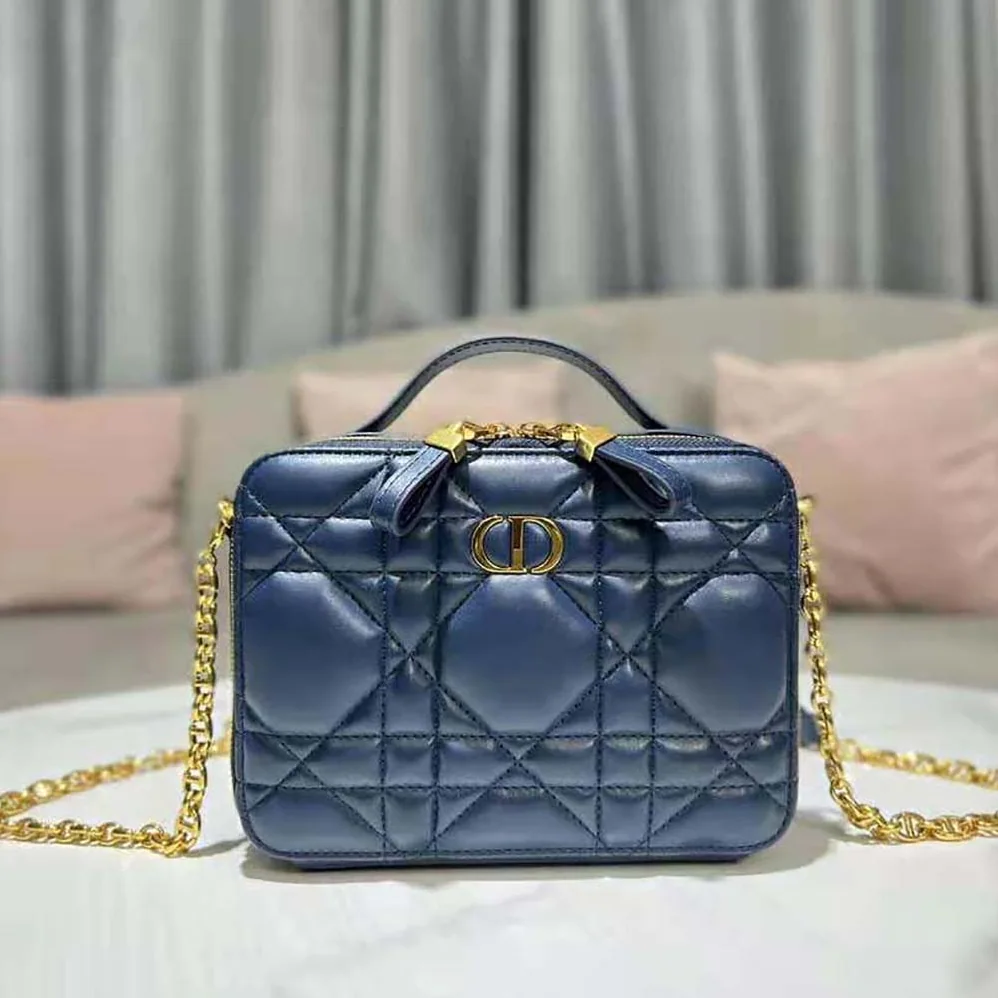Dior Caro Box Bag with Chain Royal Blue Quilted Macrocannage Calfskin for Women