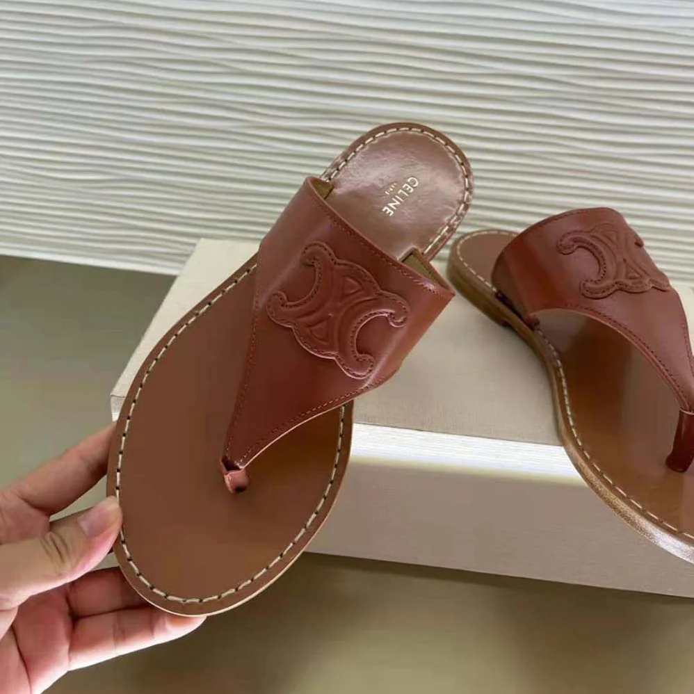 Celine Triomphe Flat Thong in Calfskin for Women in Tan