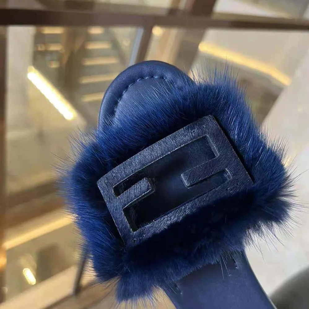 Fendi Baguette Blue Mink Slides for Women Fendi Baguette Blue Mink Slides for Women