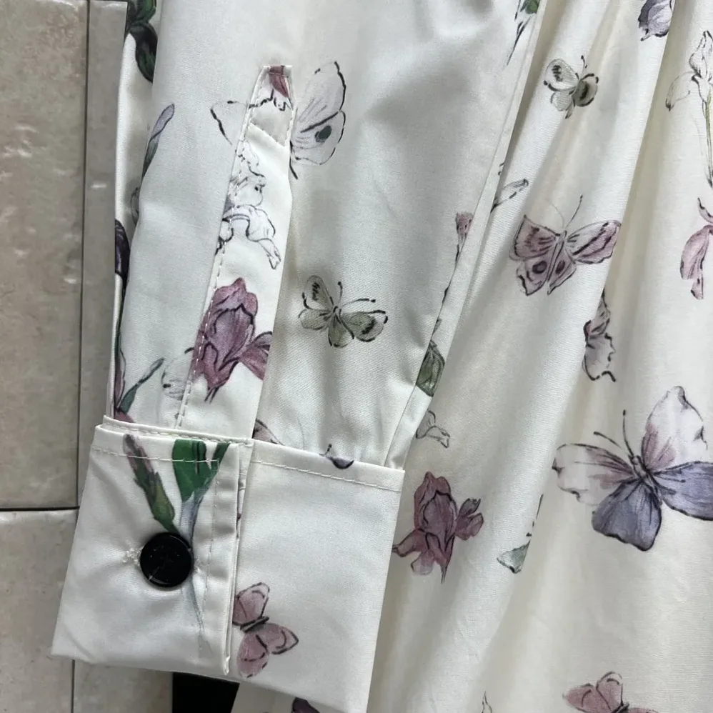 Dior Mid-Length Belted Shirtdress Beige Silk Twill with Multicolor Butterflies & Iris Motif for Women