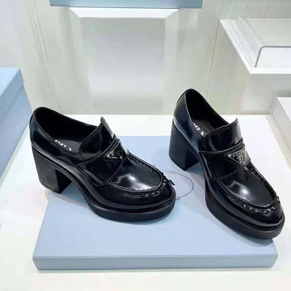 Prada Chocolate High for Women in Heeled Brushed Leather Loafers Prada Chocolate High for Women in Heeled Brushed Leather Loafers