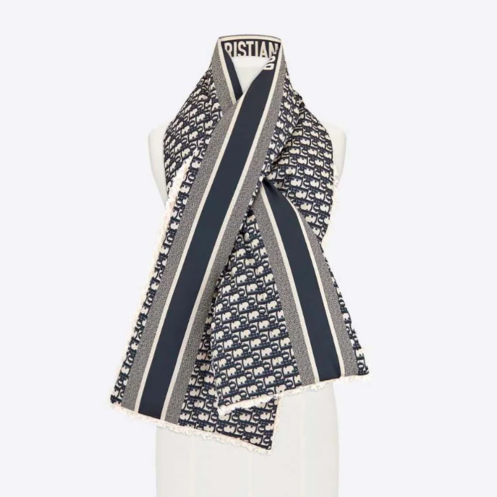 Dior Oblique Scarf Navy Blue Technical Taffeta and Ecru Shearling Effect for Women Dior Oblique Scarf Navy Blue Technical Taffeta and Ecru Shearling Effect for Women