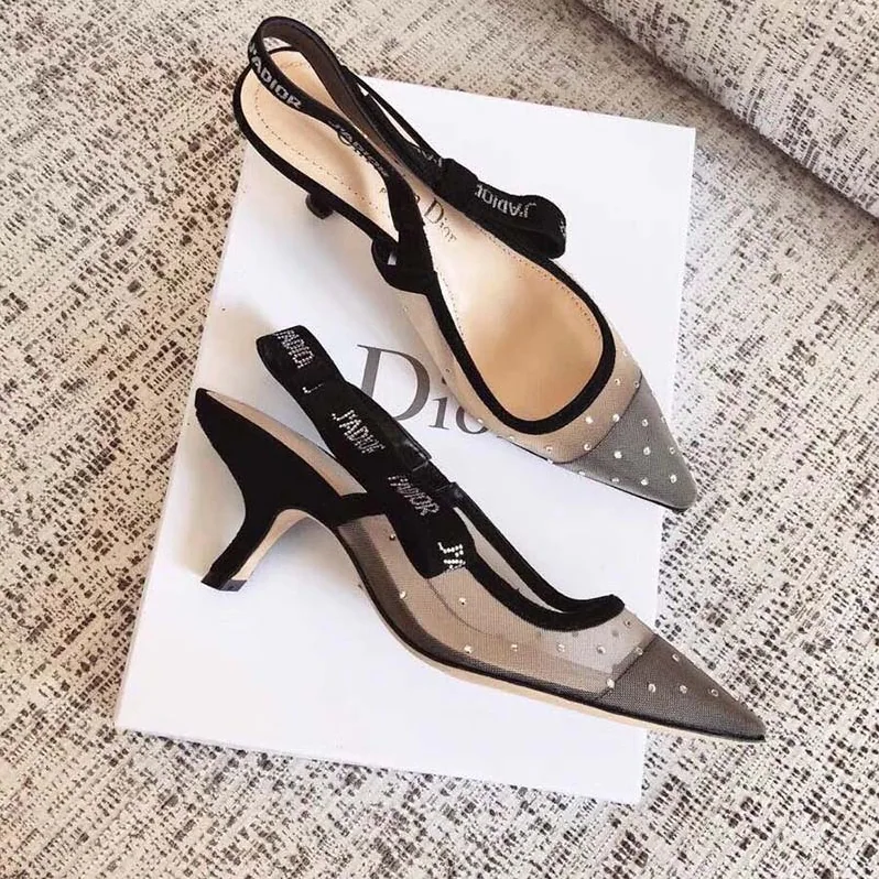 Dior J'Adior Slingback Nude Dotted Swiss Rhinestones Ribbon Adorned Rhinestones for Women