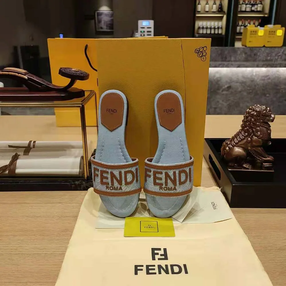 Fendi Signature Light Blue Denim Slides for Women