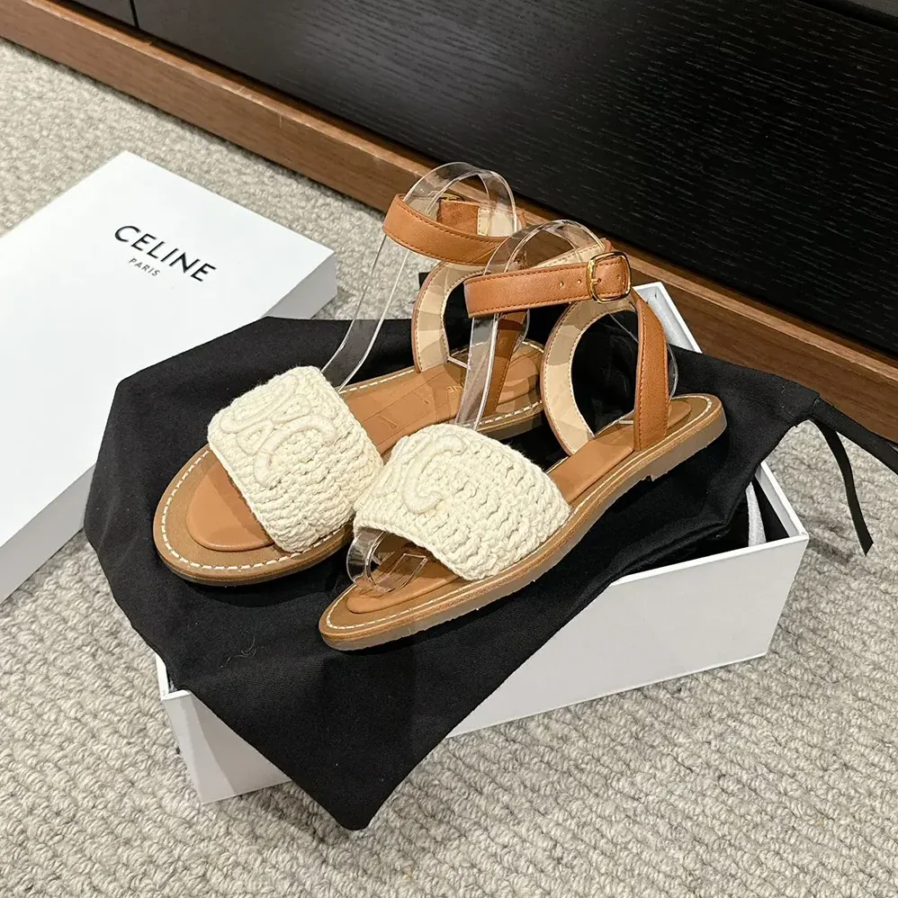 Celine Lympia Sandal in Triomphe Maccramé Cotton & Calfskin for Women in White Celine Lympia Sandal in Triomphe Maccramé Cotton & Calfskin for Women in White