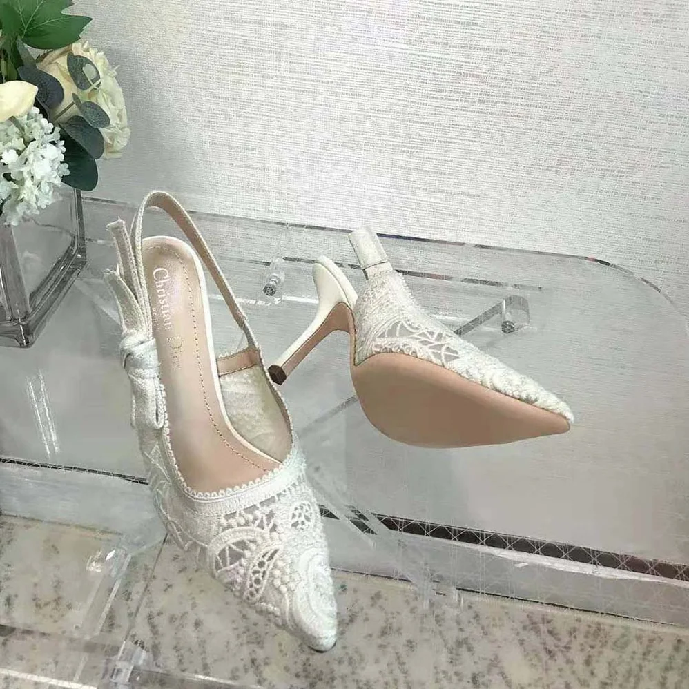 Dior J'Adior Slingback Pump White Macramé Embroidered Cotton for Women Dior J'Adior Slingback Pump White Macramé Embroidered Cotton for Women